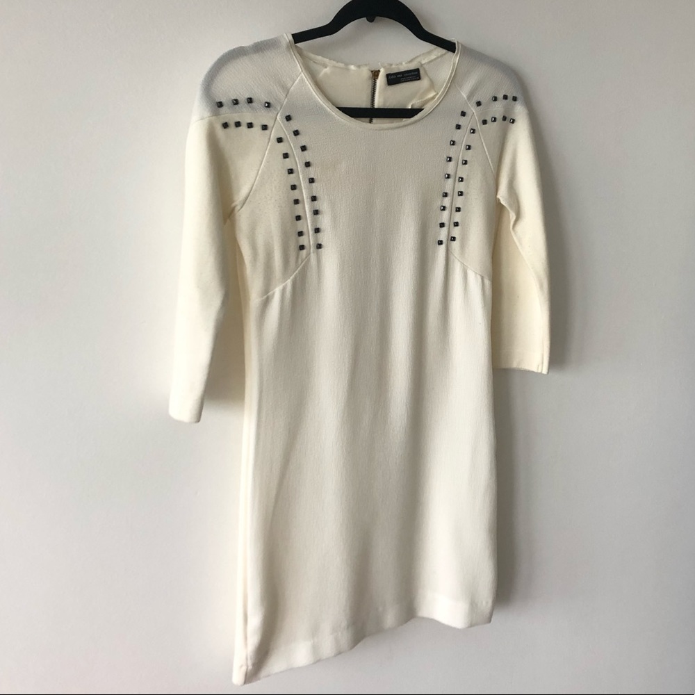 Zara ivory stretchy mini dress w/ black studs (S)